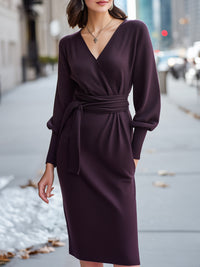 Elegant Burgundy Wrap Dress With Belt