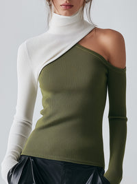 Asymmetric Two-Tone Cutout Ribbed Knit Top
