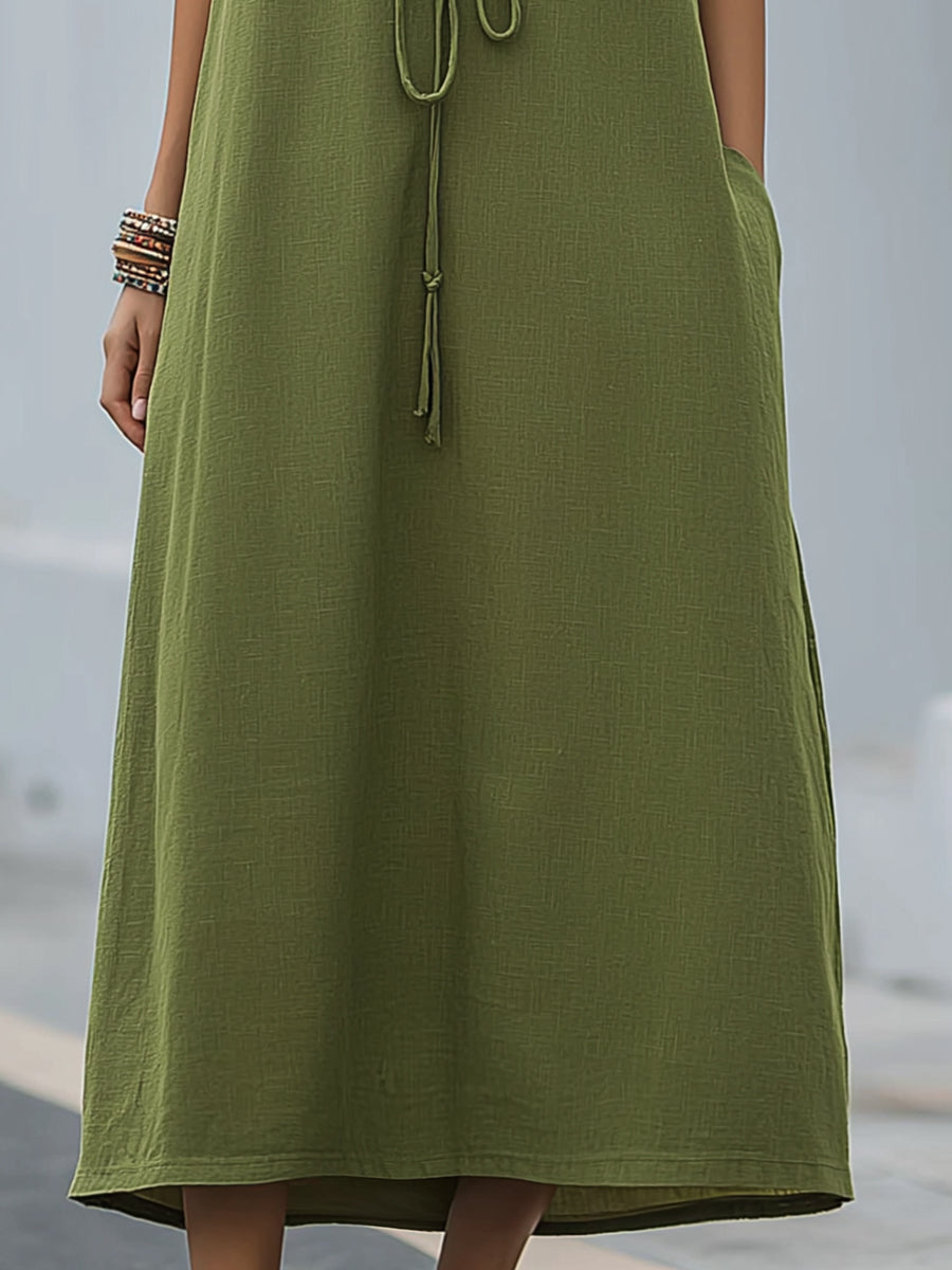 Embroidered Placket Sleeveless Drawstring Midi Dress