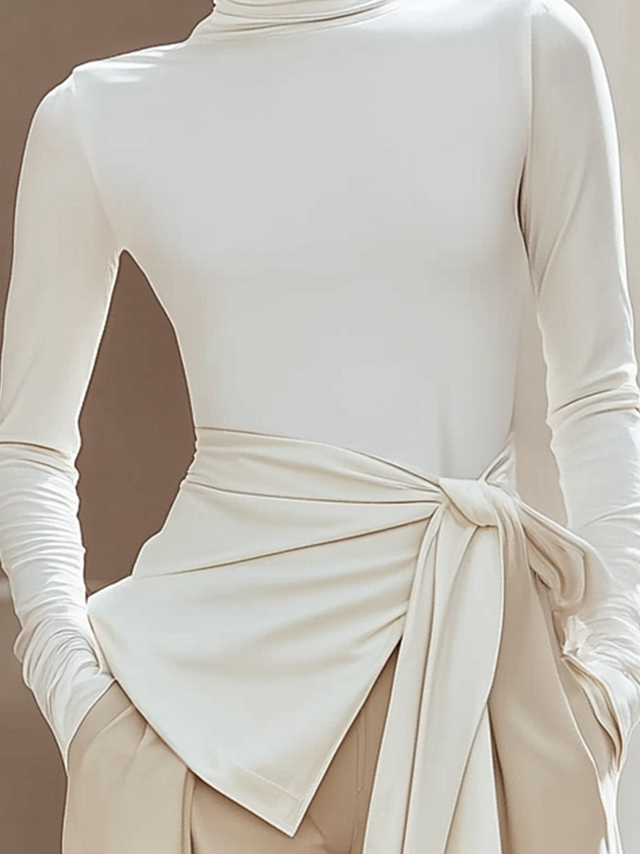 Draped Waist Turtleneck Top In Ivory