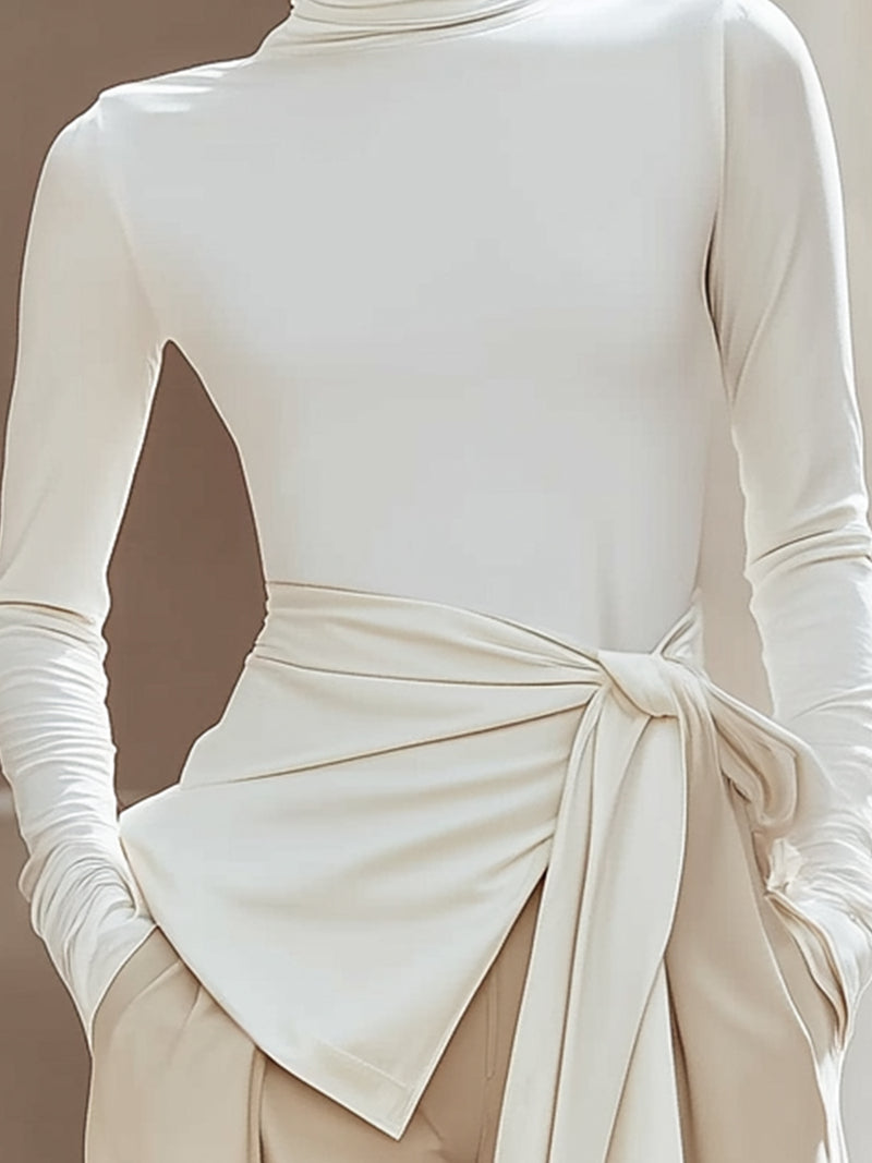 Draped Waist Turtleneck Top In Ivory