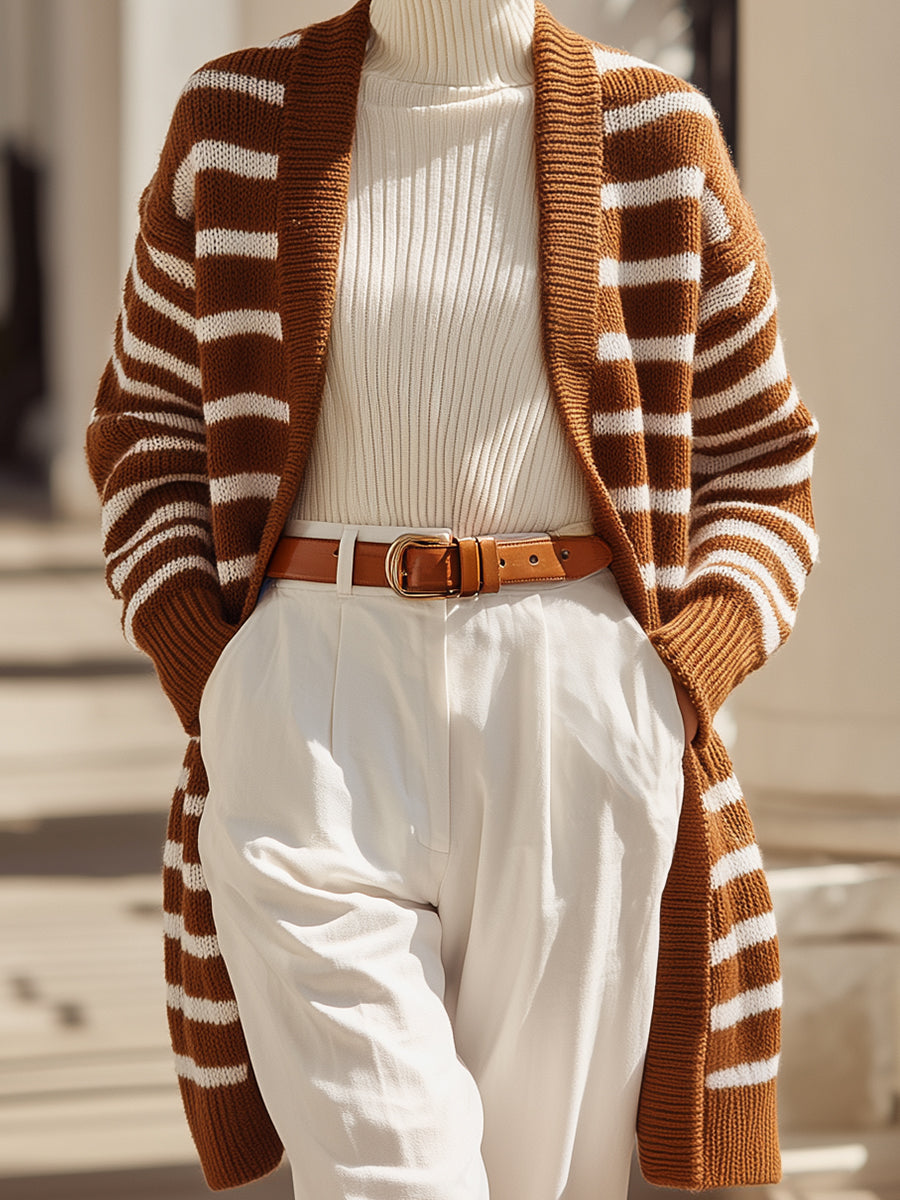 Brown And White Striped Open-Front Knit Cardigan