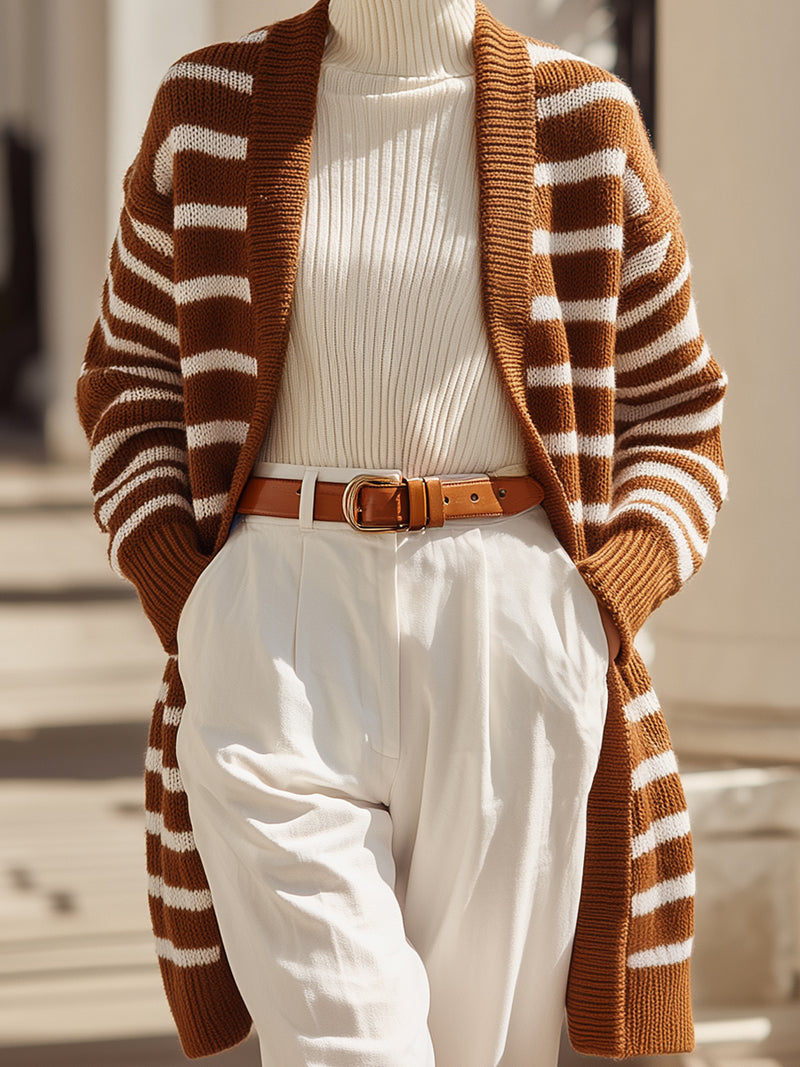 Brown And White Striped Open-Front Knit Cardigan