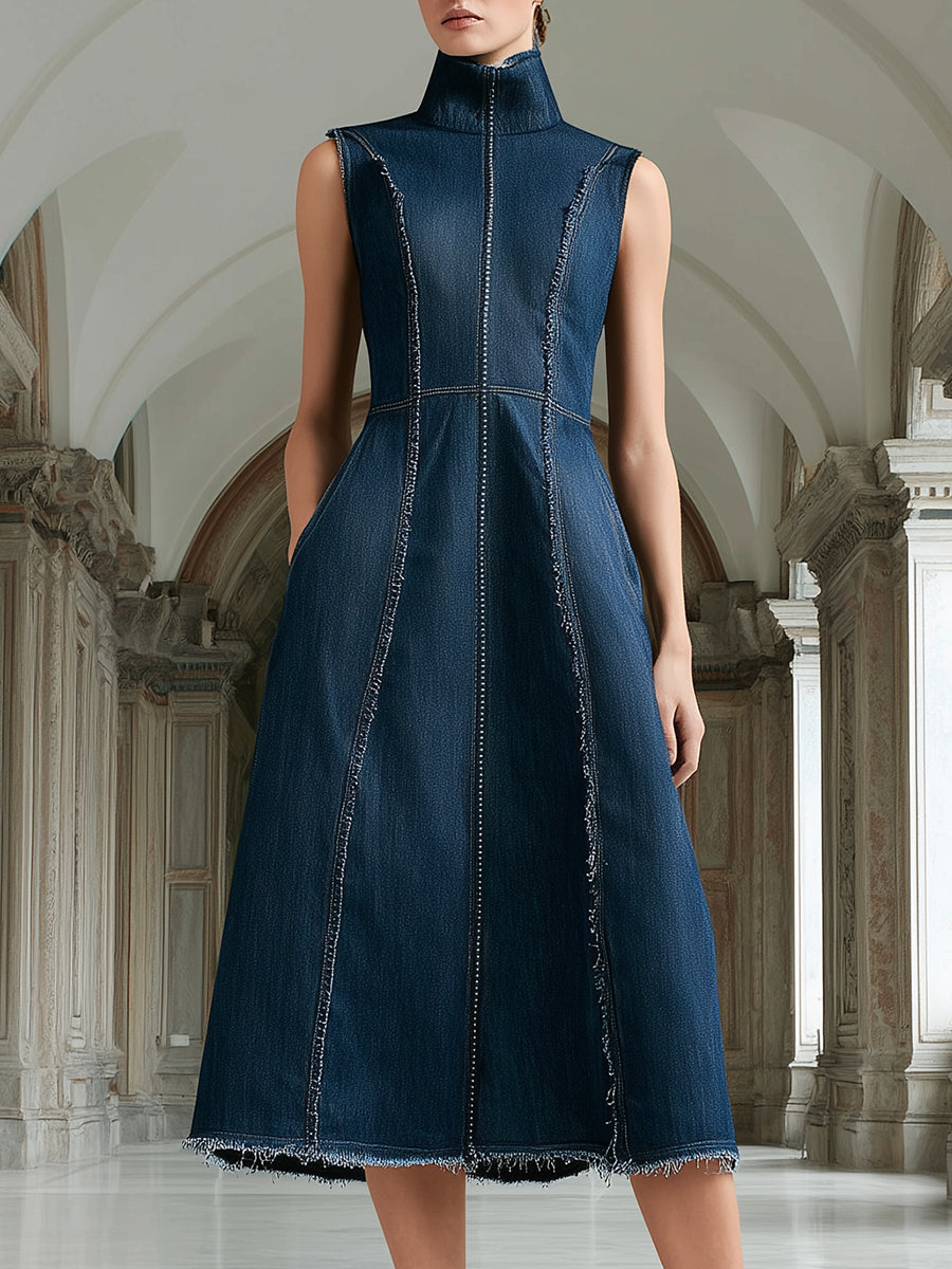 High-Neck Sleeveless Structured Denim Midi Dress