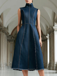 High-Neck Sleeveless Structured Denim Midi Dress