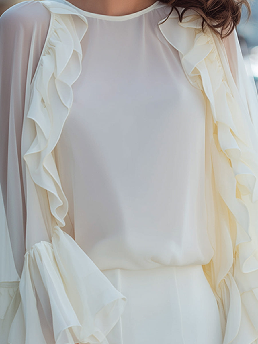 Cascading Ruffle Chiffon Cape-Sleeve Blouse
