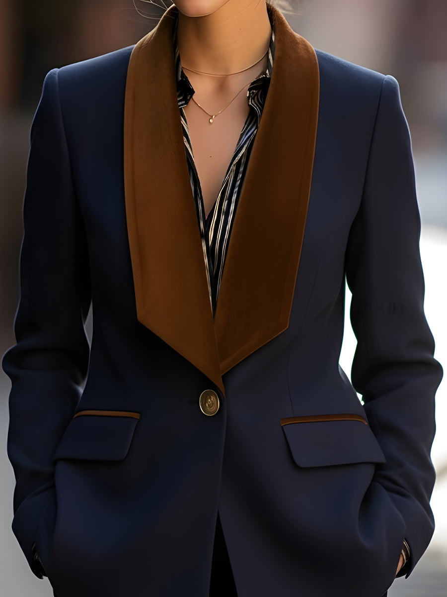 Navy Blazer With Wide Velvet Shawl Collar