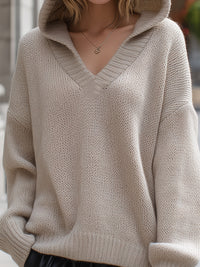 Beige Knit Hoodie Sweater With Deep V-Neck