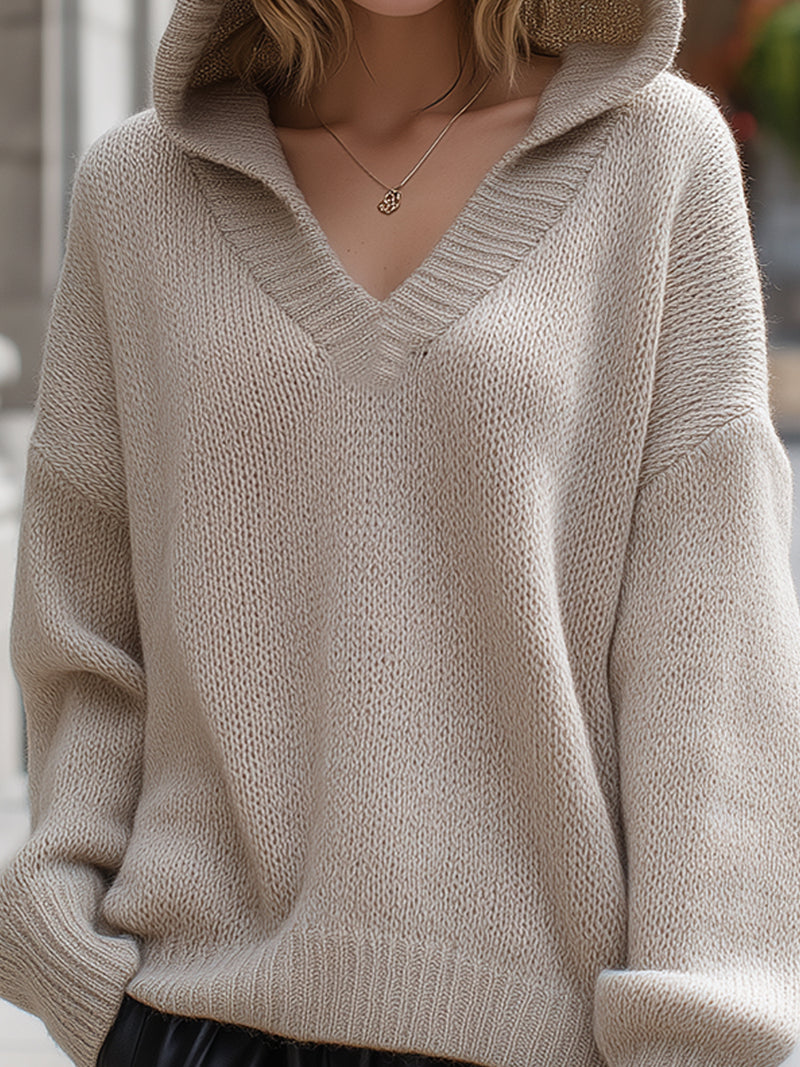 Beige Knit Hoodie Sweater With Deep V-Neck