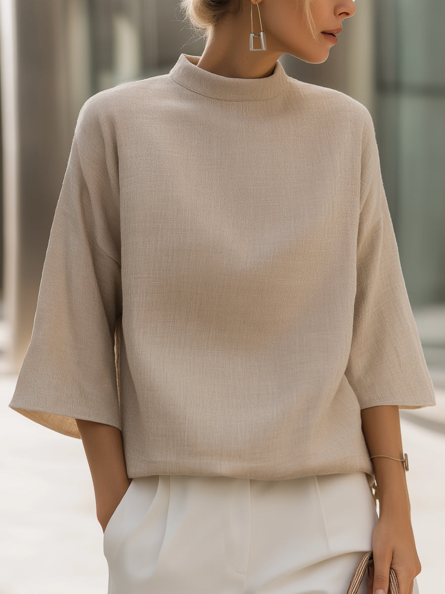 Relaxed Mock-Neck Textured Wide-Sleeve Blouse