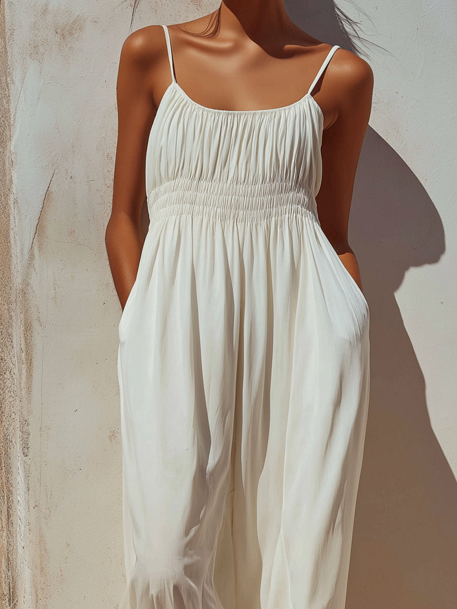 Elegant Smocked Waist Spaghetti Strap Harem Jumpsuit