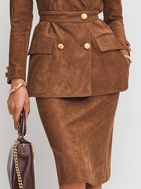 Double-Breasted Suede Skirt Suit With Gold Button Detailing