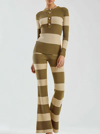 Striped Ribbed Knit Top And Flared Pants Set