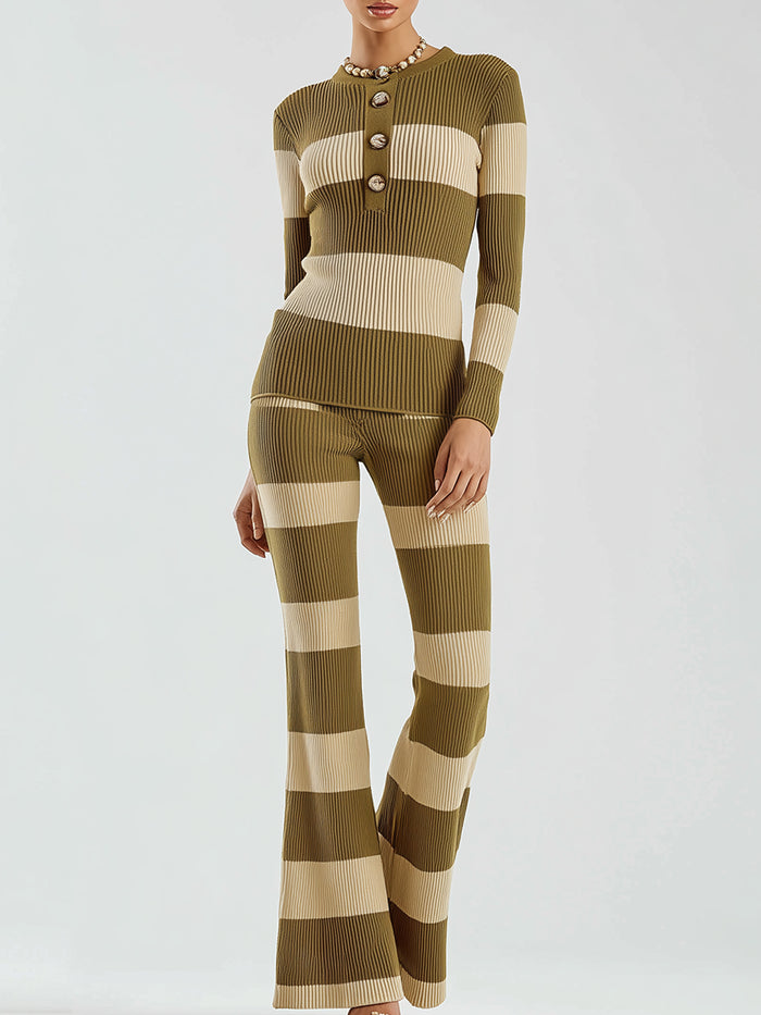 Striped Ribbed Knit Top And Flared Pants Set