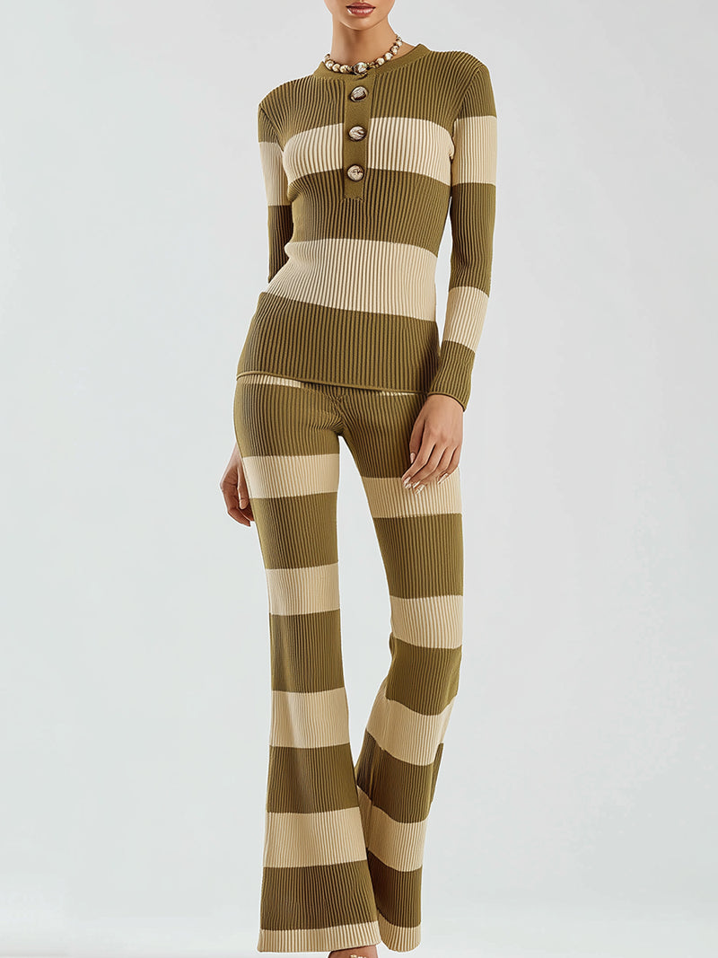 Striped Ribbed Knit Top And Flared Pants Set