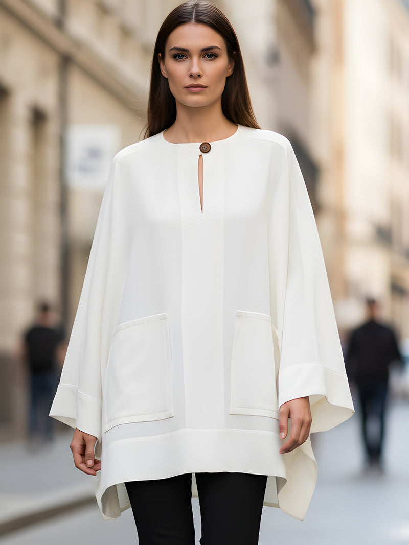 Ivory Cape Blouse With Front Button Detail