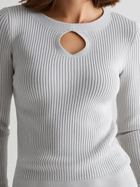 Gray Ribbed Knit Top With Keyhole Detail