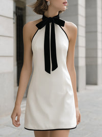 Halter Bow-Neck Mini Dress With Black Velvet Trim