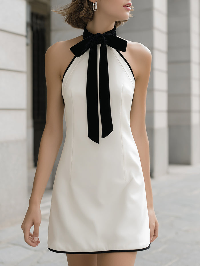 Halter Bow-Neck Mini Dress With Black Velvet Trim