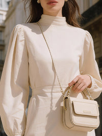 Ivory High-Neck Puff Sleeve Tailored Midi Dress