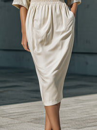 Relaxed Waist-Gathered Midi Dress With Draped Sleeves