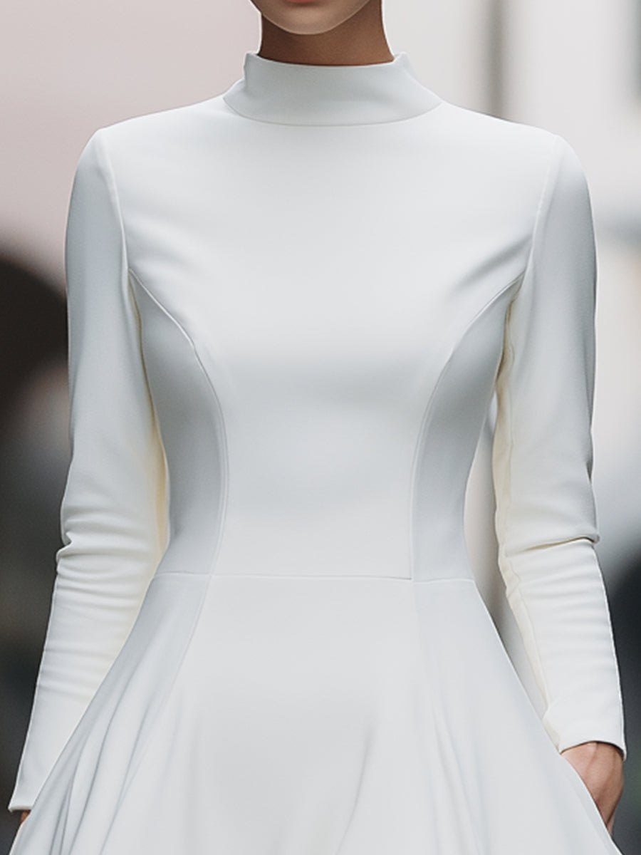Monochrome Elegance High-Neck A-Line Midi Dress