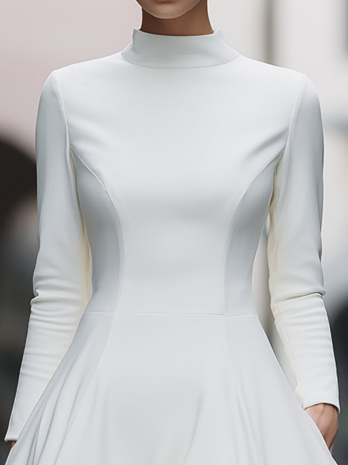 Monochrome Elegance High-Neck A-Line Midi Dress
