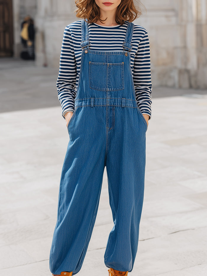 Fashionable Casual Denim Overalls With Cuffs