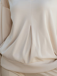 Mesh-Shoulder Pleated V-Neck Blouson Top