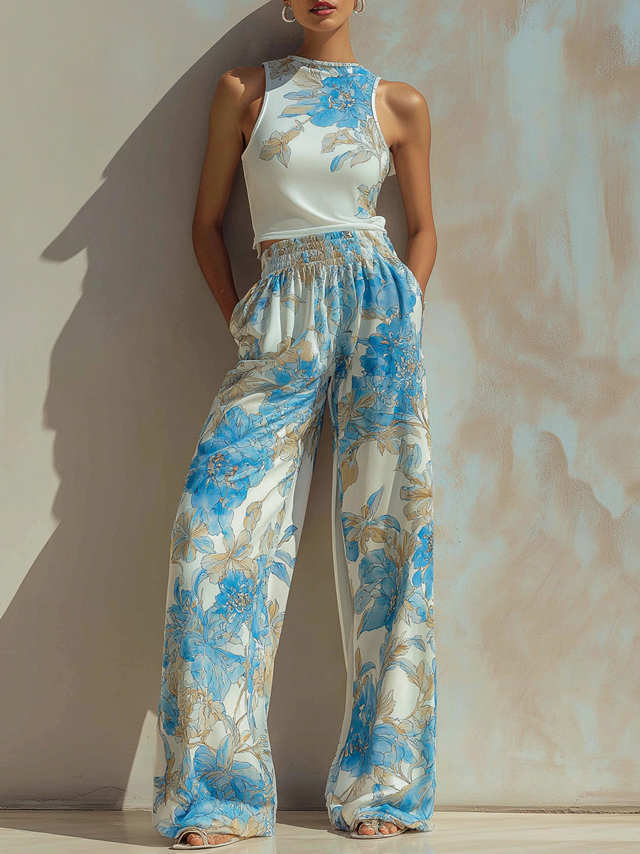 Sleeveless Floral Top & Wide-Leg Pants Resort Set