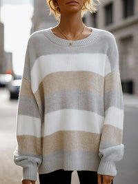 Beige And Grey Striped Oversized Knit Sweater