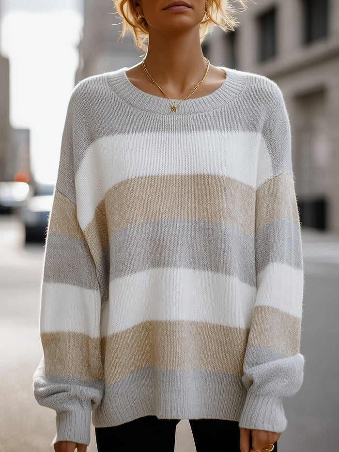 Beige And Grey Striped Oversized Knit Sweater