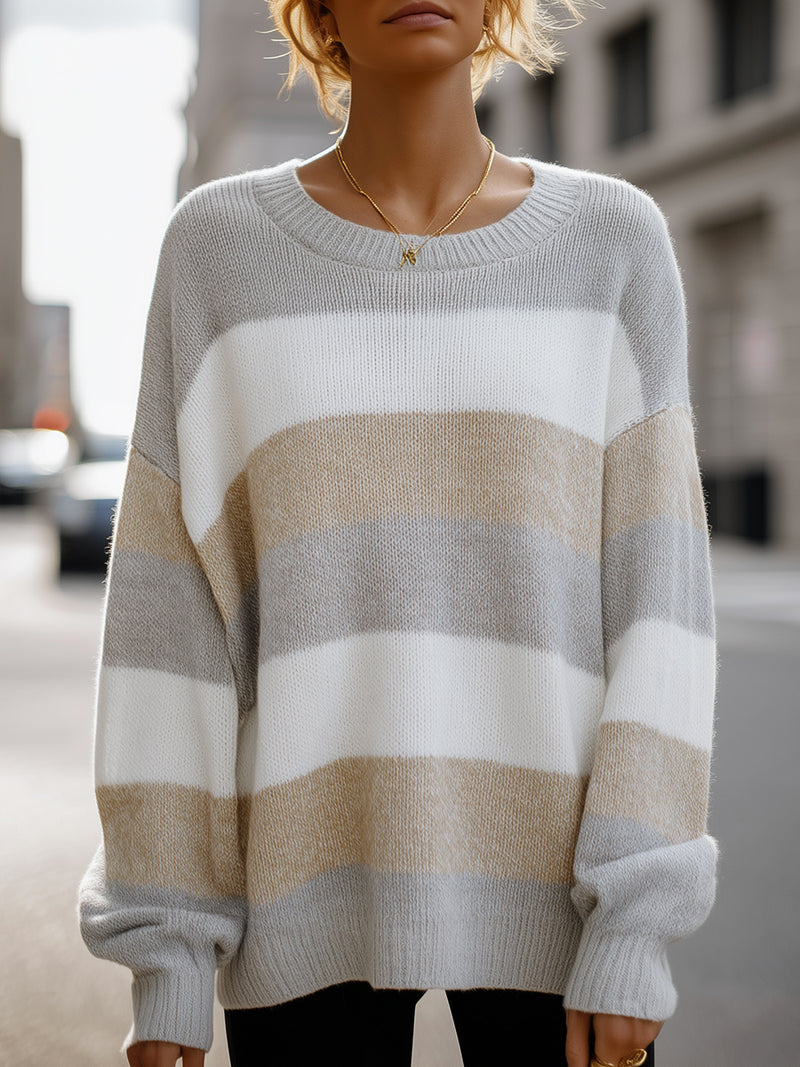Beige And Grey Striped Oversized Knit Sweater
