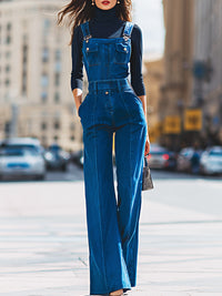 Structured Dark Denim Overall With Flared Leg