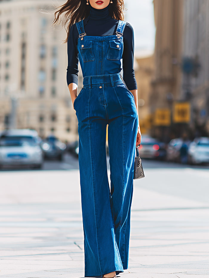 Structured Dark Denim Overall With Flared Leg