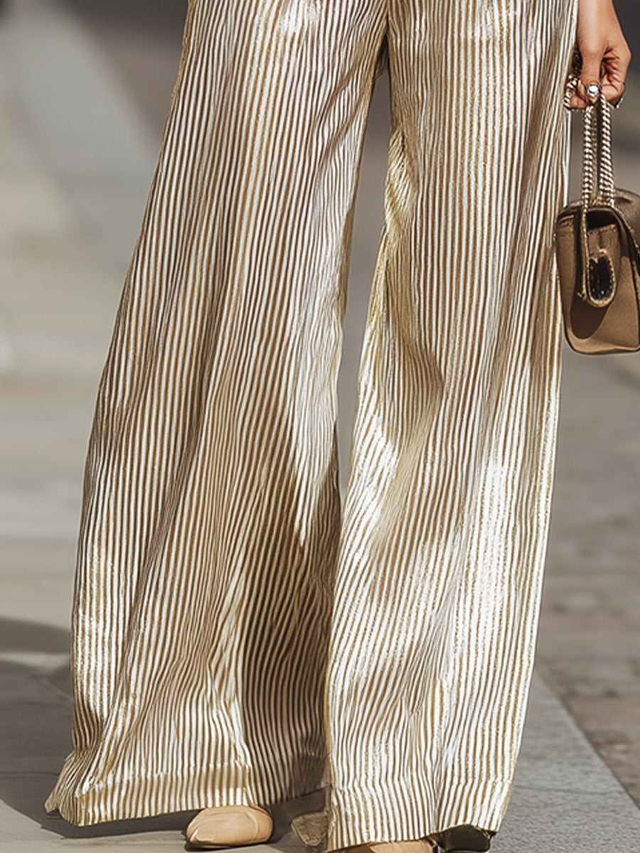 Gold Metallic Striped Wide-Leg Overalls