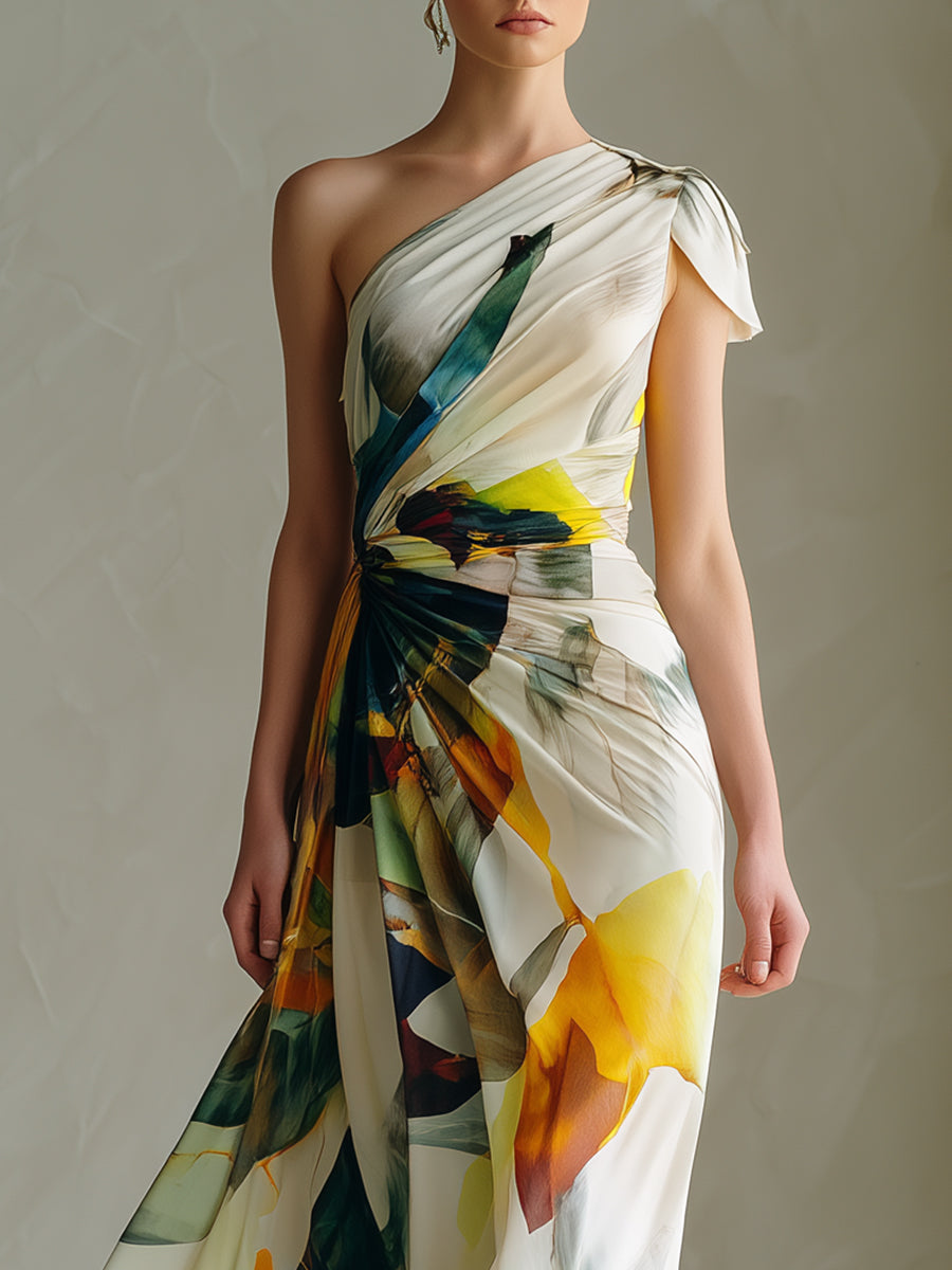 One-Shoulder Abstract Floral Draped Maxi Dress