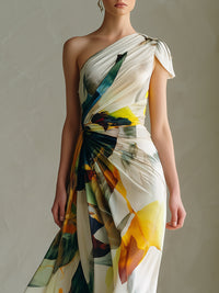 One-Shoulder Abstract Floral Draped Maxi Dress
