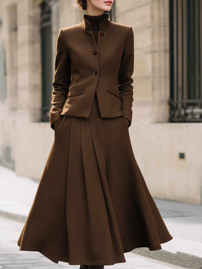 Chocolate Brown Pleated Skirt Suit With Stand Collar