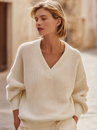 Cozy Ivory V-Neck Knit Sweater