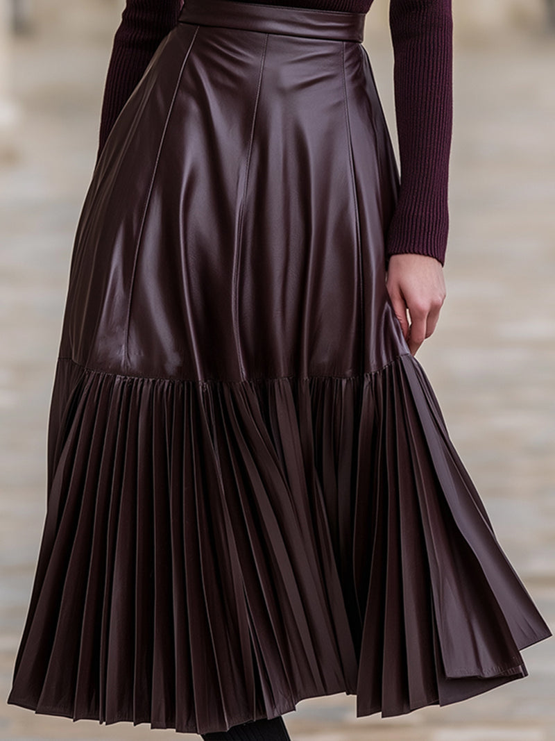 Turtleneck Sweater And Pleated Faux Leather Skirt Set