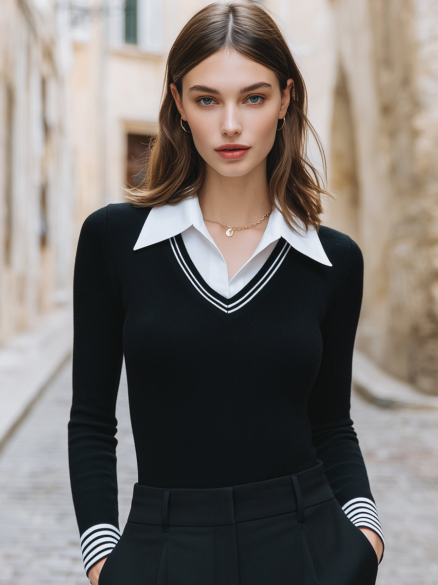 Classic Contrast-Collar V-Neck Knit Top
