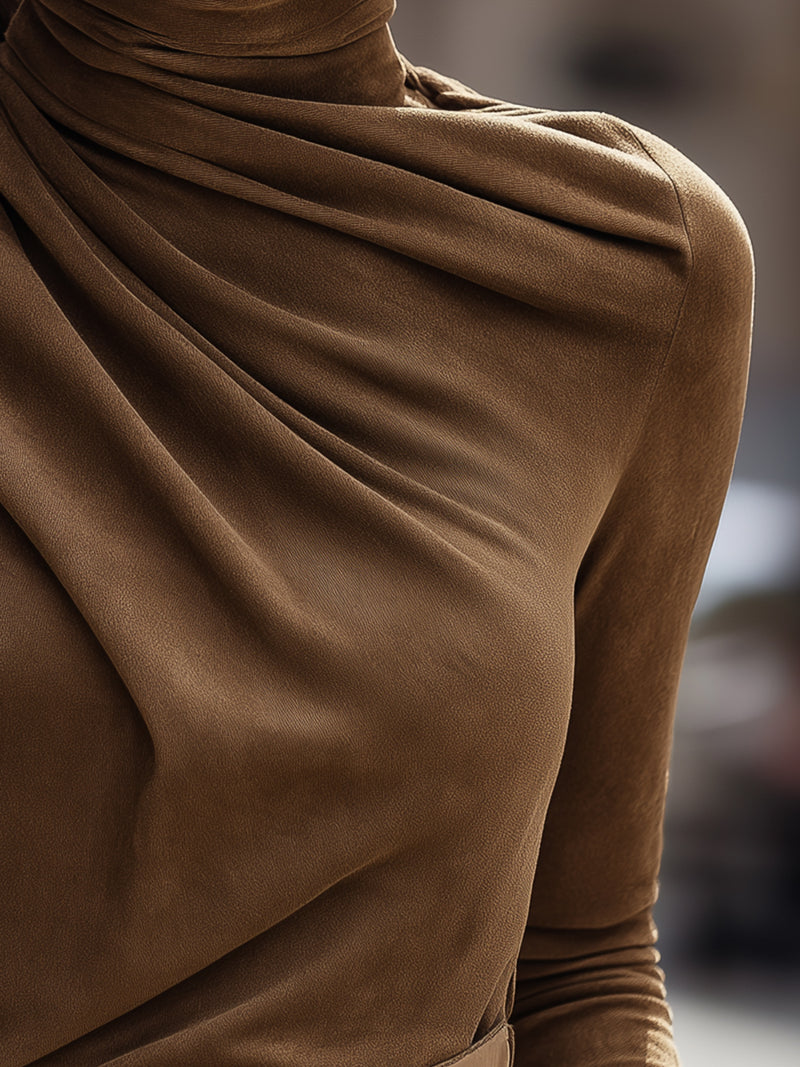 Draped High-Neck Long-Sleeve Top In Mocha Brown