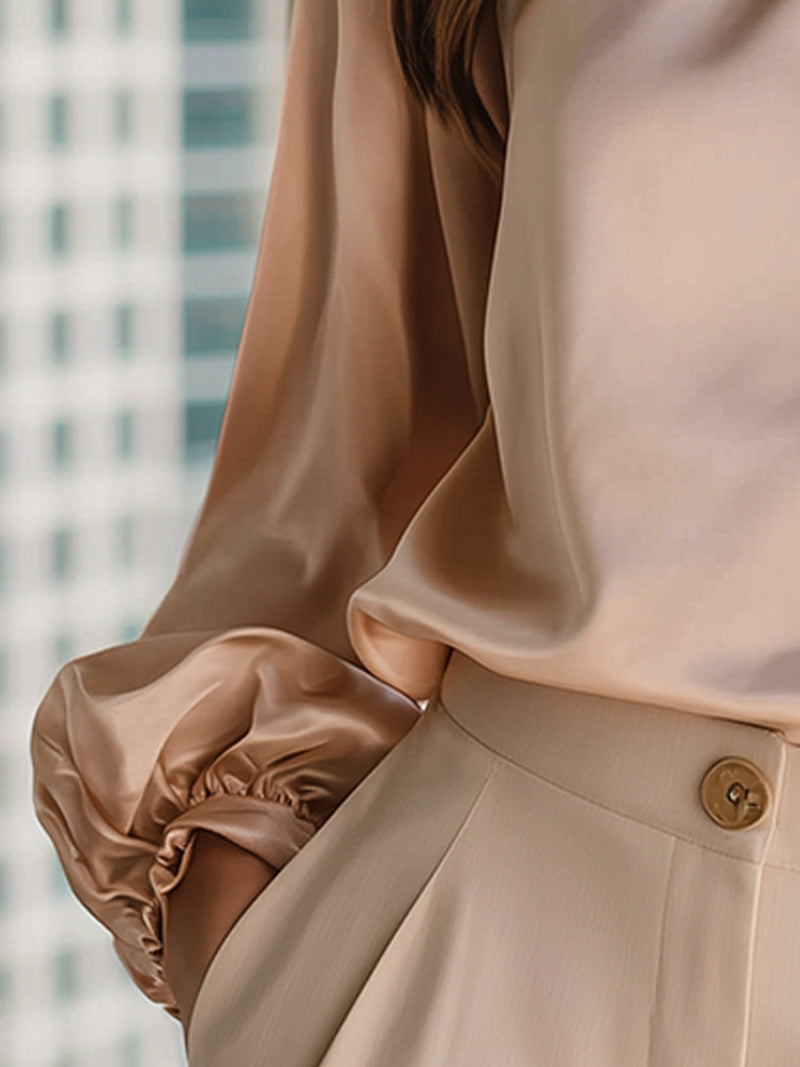 Champagne Satin High-Neck Blouse