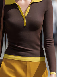 Brown And Yellow Contrast-Collar Knit Top