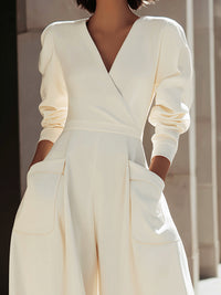 Elegant Wide-Leg Wrap Jumpsuit With Structured Sleeves