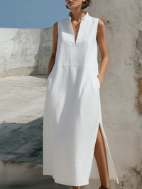 Women’s Sleeveless Stand Collar V-Neck Side Slit Midi Dress With Pockets