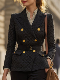 Quilted Belted Blazer With Gold Buttons