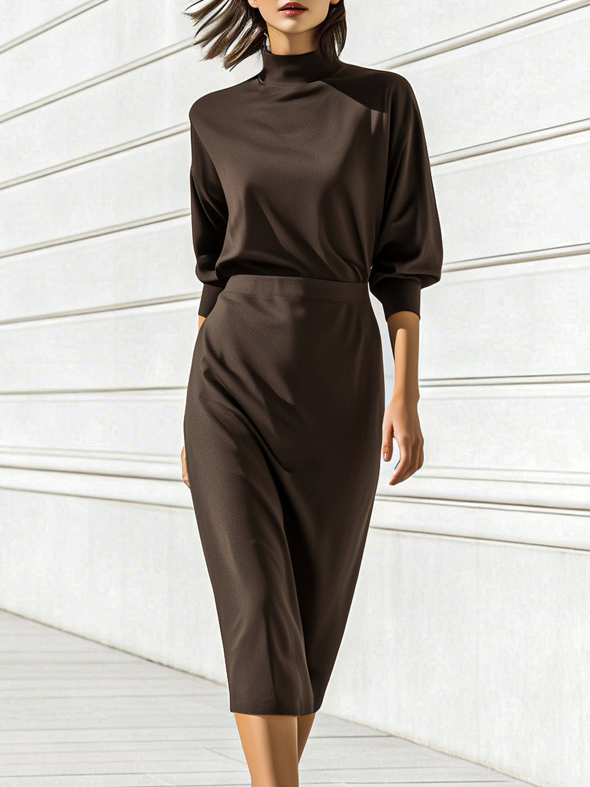 Structured Puff-Sleeve Draped Midi Dress