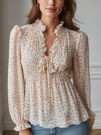 Ruffled Tie-Neck Floral Chiffon Blouse